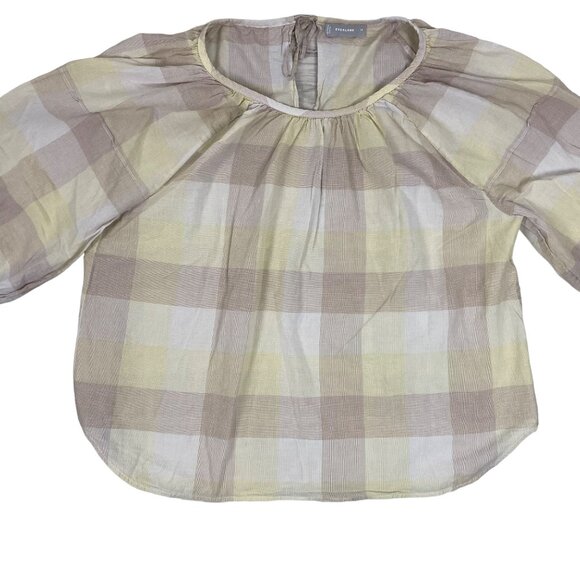 EVERLANE The Ruched Air Peasant Toffee Plaid Balloon sleeve Blouse Women's Sz 12 - Picture 4 of 10